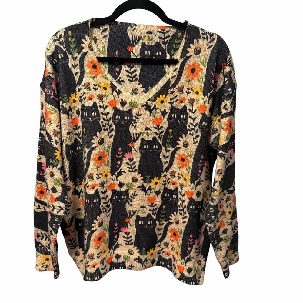 Unbranded Floral Black Cat Print V Neck Sweater Beige Black Multicolor Size XL